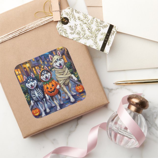 Pegatina Cuadrada Halloween de truco o tratamiento de perros en Mala (Regalar)