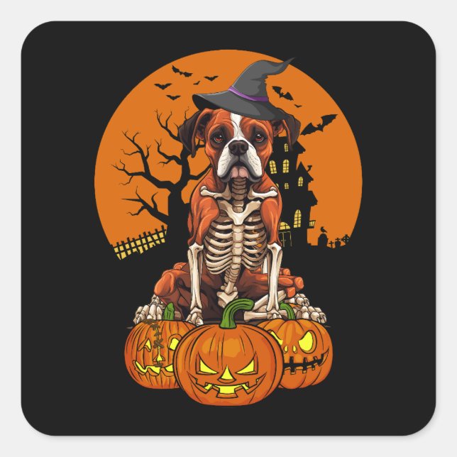Pegatina Cuadrada Halloween del Boxer Alemán (Anverso)