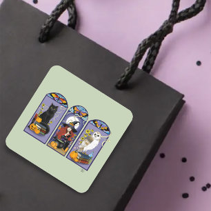 Pegatina Cuadrada Halloween del Gato de la Bruja de Art Nouveau