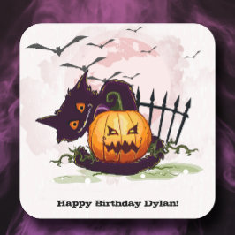 Pegatina Cuadrada Halloween del gato negro y Jack o' Lantern