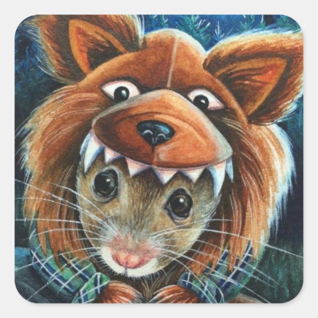 Pegatina Cuadrada Halloween Disstume Werewolf Mouse Watercolor Art (Anverso)