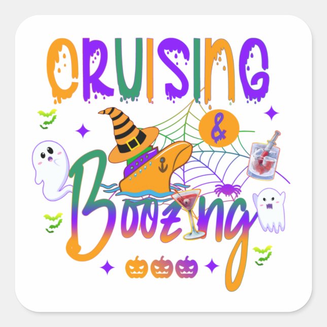 Pegatina Cuadrada Halloween en crucero y Boozing (Anverso)