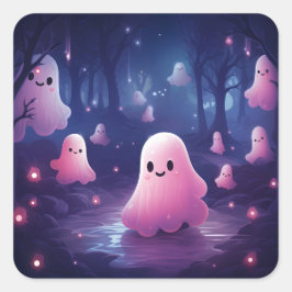 Pegatina Cuadrada Halloween En El Bosque Fantasmas Rosa Cute