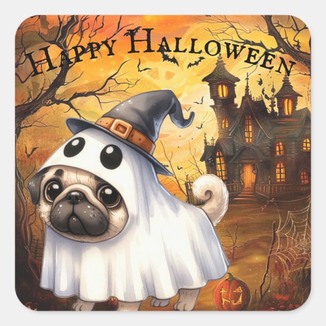 Pegatina Cuadrada Halloween en el Personalizable Cute Ghostie Pug (Anverso)