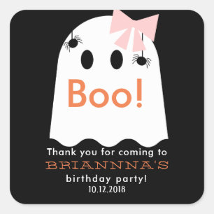 Pegatina Cuadrada Halloween Fantasma Chica Cumpleaños Gracias Negro