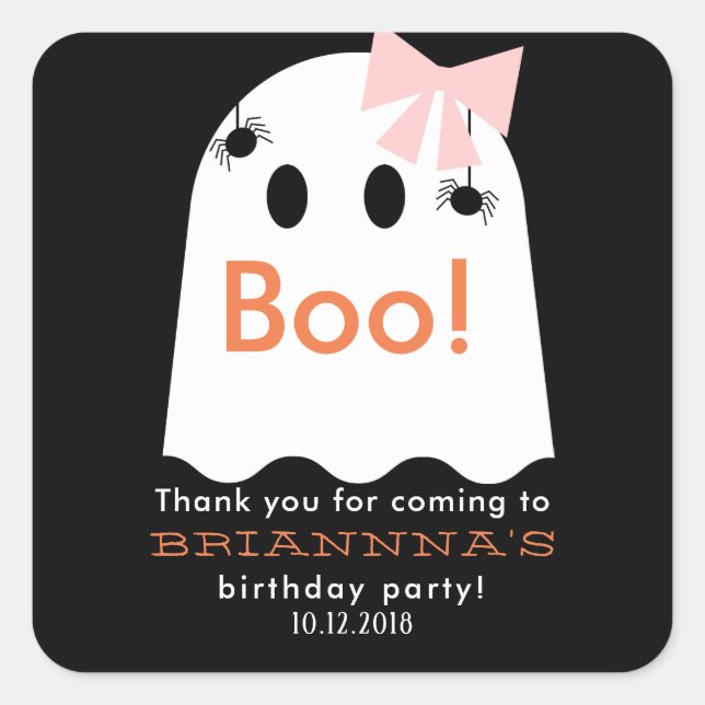 Pegatina Cuadrada Halloween Fantasma Chica Cumpleaños Gracias Negro (Anverso)