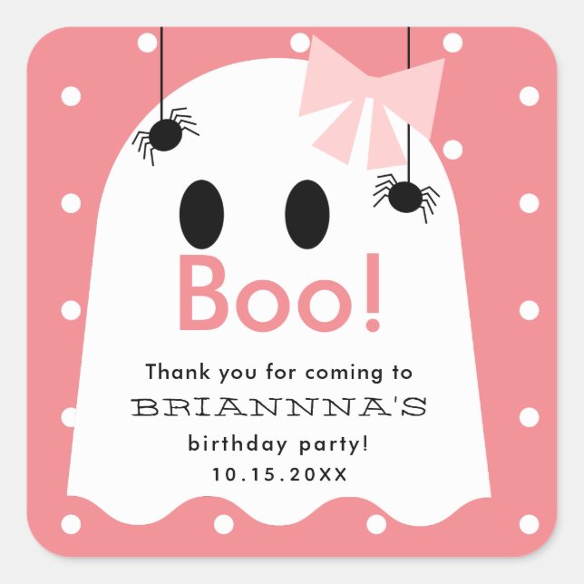 Pegatina Cuadrada Halloween Fantasma Chica Cumpleaños Gracias Rosa (Anverso)