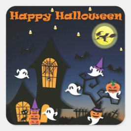 Pegatina Cuadrada Halloween feliz casa embrujada