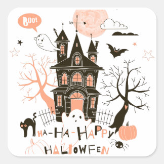 Pegatina Cuadrada Halloween feliz casa embrujada