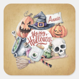 Pegatina Cuadrada Halloween Feliz de Vintage personalizado | Pegatin