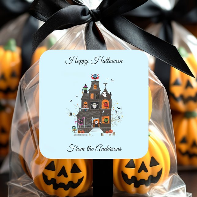 Pegatina Cuadrada Halloween Feliz y divertida, gente de la casa embr (Subido por el creador)