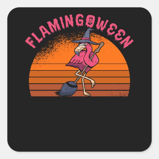 Pegatina Cuadrada Halloween Flamingo Flamingoween Witch Broom Retro (Anverso)