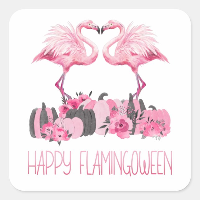 Pegatina Cuadrada Halloween Flamingo Happy Flamingoween Watercolor (Anverso)