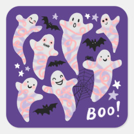 Pegatina Cuadrada Halloween Fun Cute Boos murciélagos morado