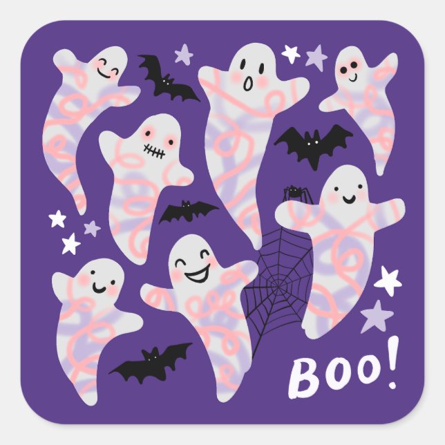 Pegatina Cuadrada Halloween Fun Cute Boos murciélagos morado (Anverso)