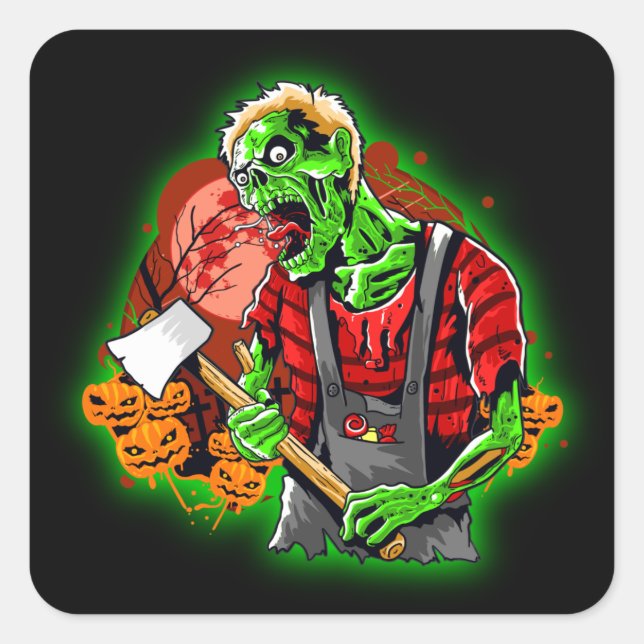 Pegatina Cuadrada Halloween Funny Green Zombie Ax sigue (Anverso)