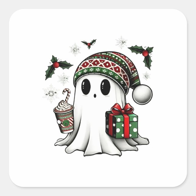Pegatina Cuadrada Halloween Ghost Santa Hat Navidades fantasmales (Anverso)