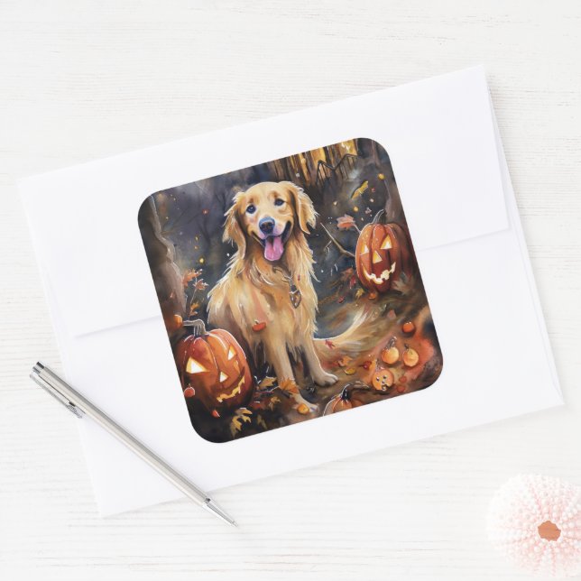 Pegatina Cuadrada Halloween Golden Retriever con calabazas aterrador (Sobre)