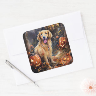 Pegatina Cuadrada Halloween Golden Retriever Con Calabazas Espeluzna