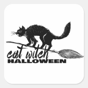 Pegatina Cuadrada Halloween Graciosa Bruja De Gato En Broomstick