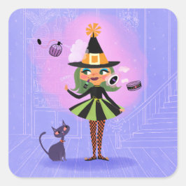 Pegatina Cuadrada Halloween Green Hair Witch Lavender & Pink