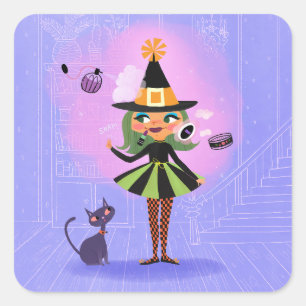 Pegatina Cuadrada Halloween Green Hair Witch Lavender & Pink