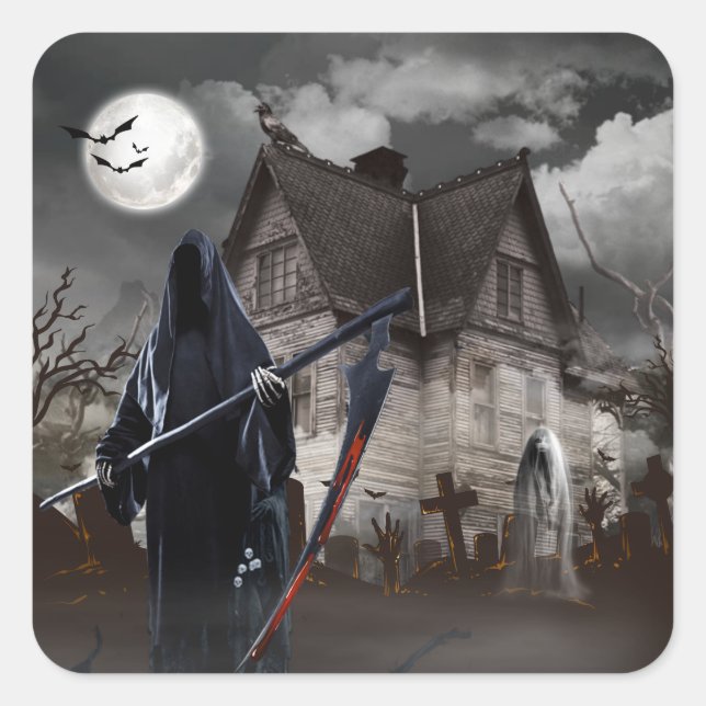 Pegatina Cuadrada Halloween Grim Reaper Haunted House (Anverso)