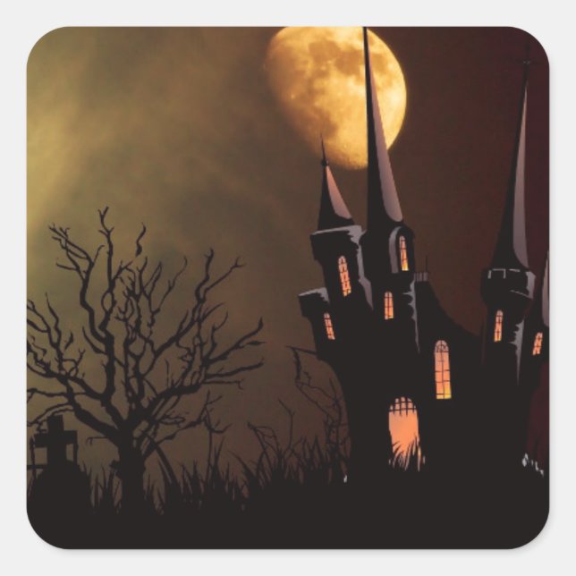 Pegatina Cuadrada Halloween Haunted House (Anverso)