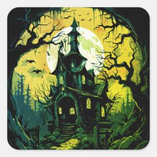 Pegatina Cuadrada Halloween Haunted House