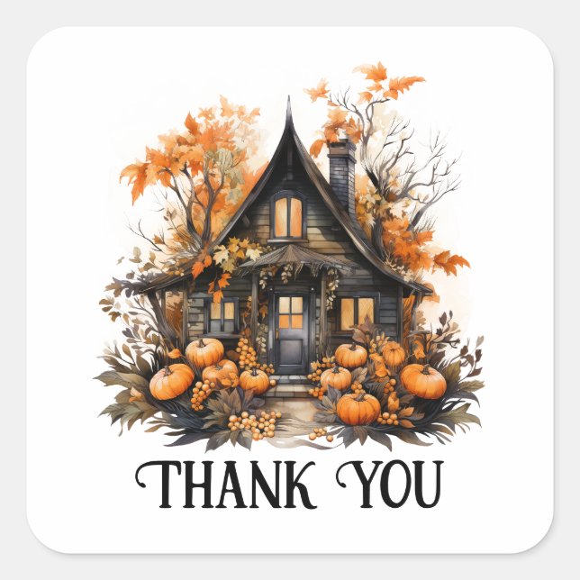 Pegatina Cuadrada Halloween Haunted House con calabazas Gracias (Anverso)