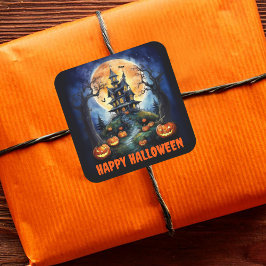 Pegatina Cuadrada Halloween Haunted House con Pumpkins Fiesta