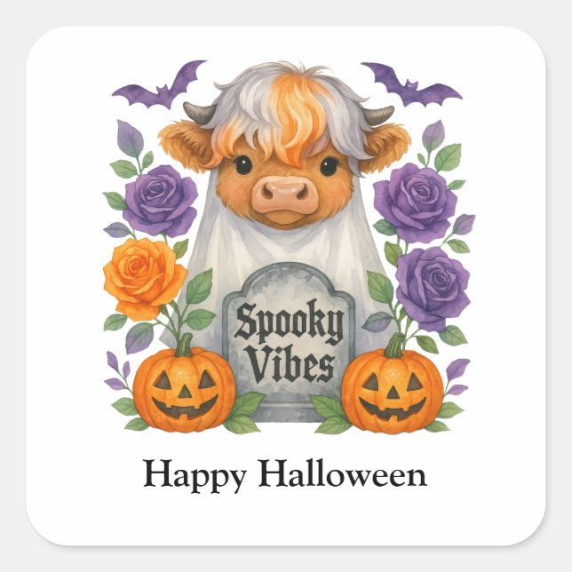 Pegatina Cuadrada Halloween Highland Cow Ghosts Cute Personalizado (Anverso)