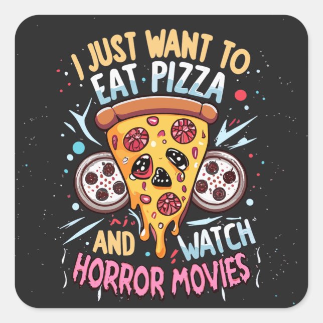 Pegatina Cuadrada Halloween humorístico dice pizza y películas de te (Anverso)
