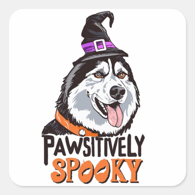 Pegatina Cuadrada Halloween Husky Dog, una acuarela de fantasía posi (Anverso)