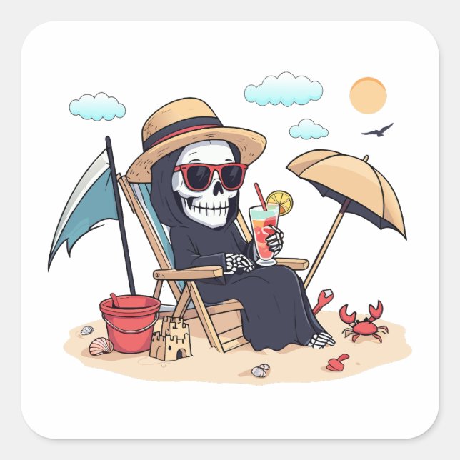Pegatina Cuadrada Halloween in Summer – Grim Reaper on the Beach (Anverso)