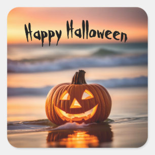 Pegatina Cuadrada Halloween Jack-o-Lantern en la playa