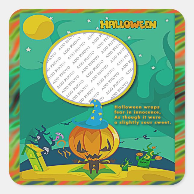 Pegatina Cuadrada Halloween Jack o' Lantern Wizard Add Photo Frame (Anverso)