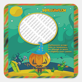 Pegatina Cuadrada Halloween Jack o' Lantern Wizard Add Photo Frame