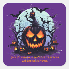 Pegatina Cuadrada Halloween Jack O'Lantern Y Bats