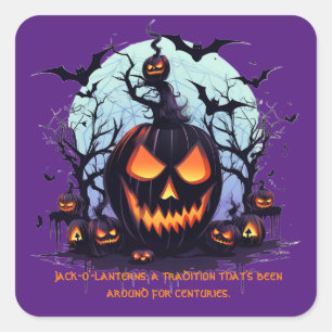 Pegatina Cuadrada Halloween Jack O'Lantern Y Bats
