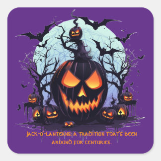 Pegatina Cuadrada Halloween Jack O'Lantern Y Bats