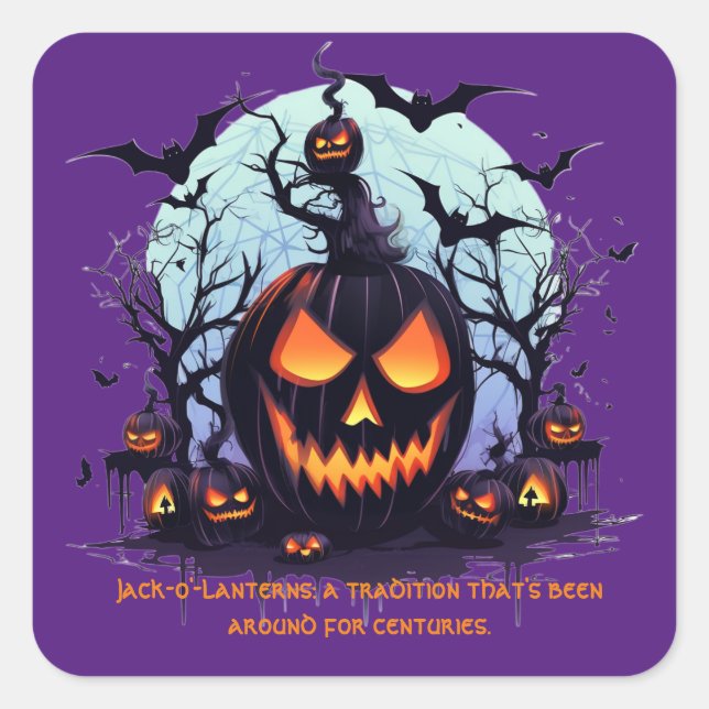 Pegatina Cuadrada Halloween Jack O'Lantern Y Bats (Anverso)