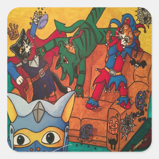 Pegatina Cuadrada Halloween Knight Medieval Costume de gatos rectang (Anverso)