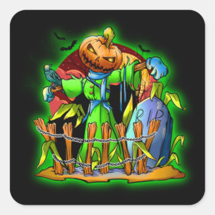 Pegatina Cuadrada Halloween Lady Scarecrow Cabeza de calabaza QEPD B