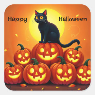 Pegatina Cuadrada Halloween lindo gato negro y linternas de Jack