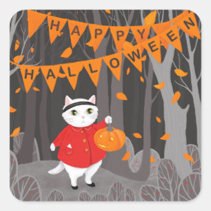 Pegatina Cuadrada Halloween lindo gato y Jack o lantern