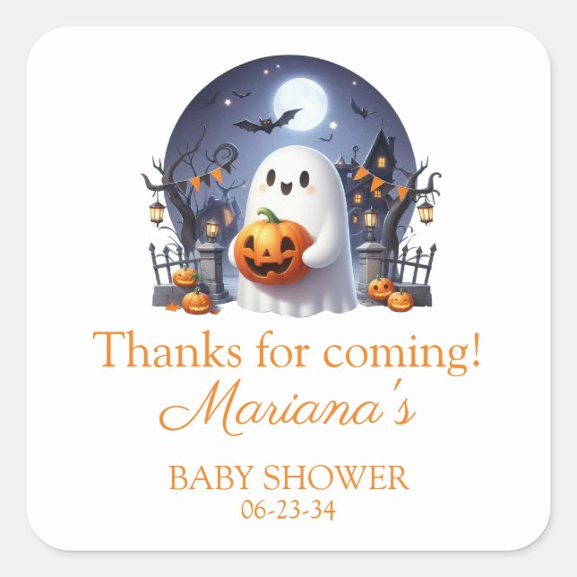 Pegatina Cuadrada Halloween Little Boo Ghost Baby Shower (Anverso)
