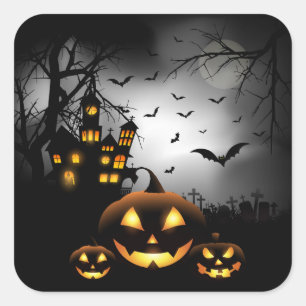 Pegatina Cuadrada Halloween - luna fantasmagórica del gris de las