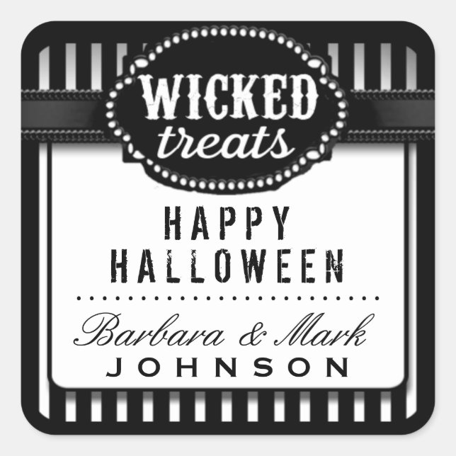 Pegatina Cuadrada Halloween Malvados trata a rayas negras y blancas (Anverso)