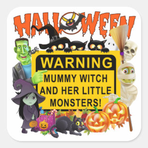 Pegatina Cuadrada Halloween, Mummy Witch Y sus pequeños monstruos